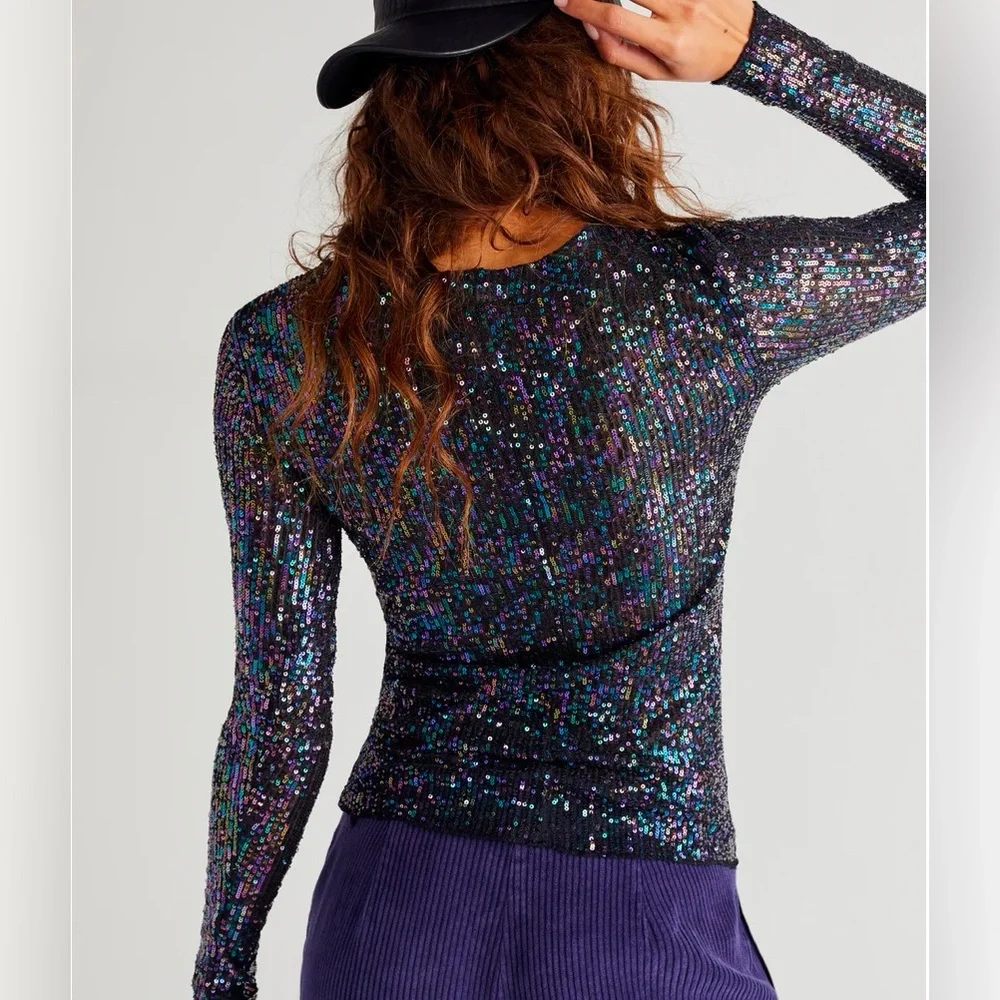FREE PEOPLE Gold Rush Sequin Long Sleeve Top size XS Multi Colored NWT